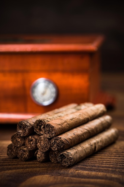 Cuban cigars with humidor in background