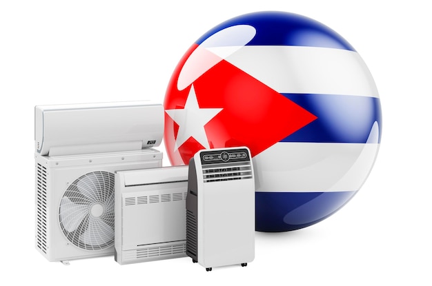 Foto bandiera cubana con dispositivi elettrici di raffreddamento e climatizzazione produzione, commercio e assistenza di condizionatori d'aria a cuba, rendering 3d
