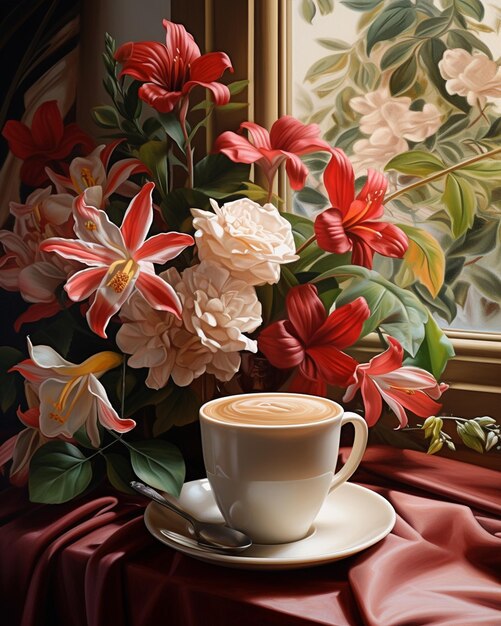 Photo cubano a la fresca cup latte and flowers