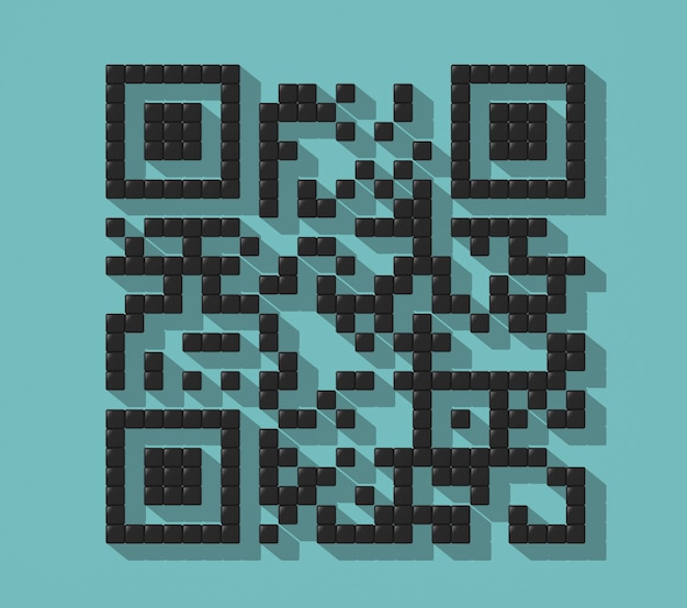 Куб абстрактный qr-код с тенью на красочном бирюзовом фоне. 3d рендеринг