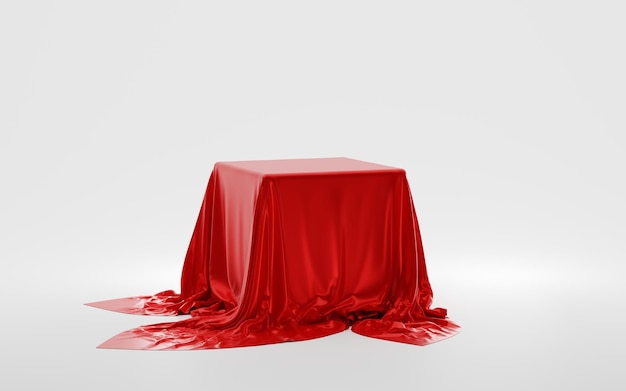 Cube or box covered with red silk cloth isolated on white background Secret gift hidden under satin fabric with drapery and folds podium stand with tablecloth to show magic tricks 3d illustration