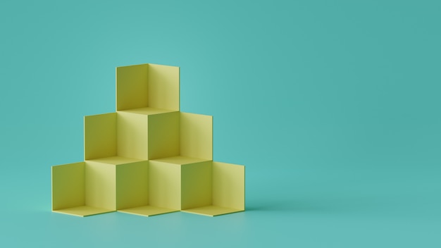Foto esposizione del contesto delle scatole del cubo sul fondo in bianco della parete. rendering 3d.