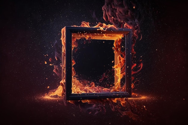 Cube burning fire frame in the dark Generative AI