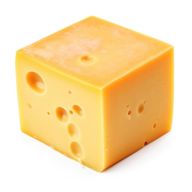 A cube of cheese with holes in the middle.