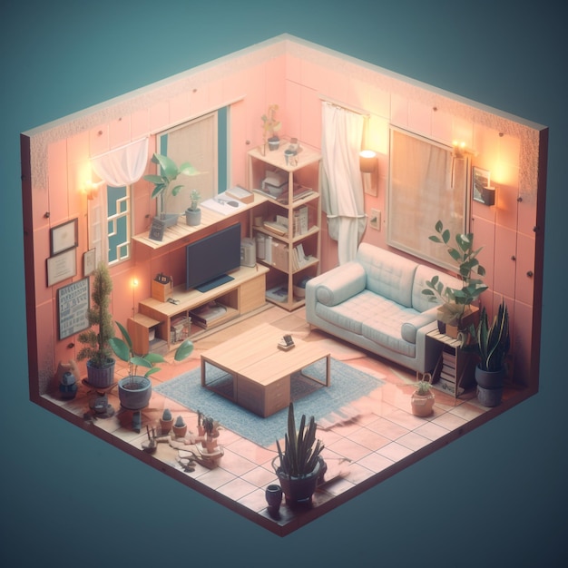 cube cutout of an isometric living room 3d art pastel