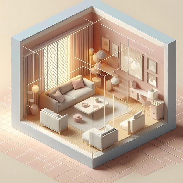 Photo a cube cutout of an isometric living room 3d rendered ai generative