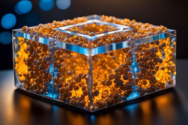 Photo a cube of gold balls with orange lights around it