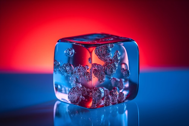 A cube of ice with bubbles in it