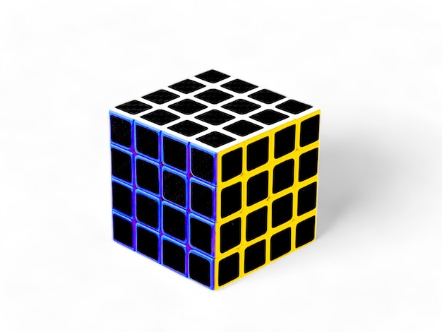 Куб из кубиков с синим и желтым квадратом на белом фоне