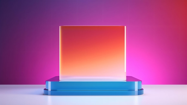 Photo cube podium with acrylic plate on colorful gradient background