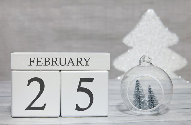 Photo cube shape calendar for february 25 on wooden surface and light background