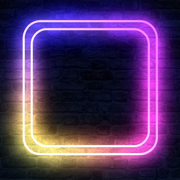 Cube shaped Empty Neon Sign with illumination on brick wall in 3D rendering