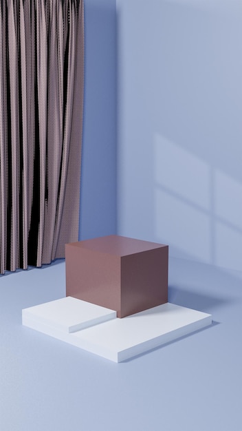 A cube sits on a table in a room with a curtain that says'the word'on it '