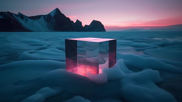 A cube in the snow with a pink light on it