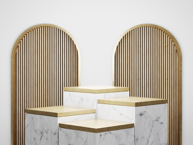 Cube step white marble podium and a metallic gold top with feature wall background in luxury studio