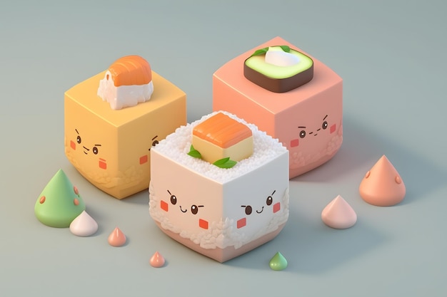 A cube of sushi with a cute face.