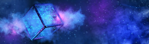 cube with binary code abstract technical background data block big data binary code hacker attack computer code digital technologies blockchain network data flow 3d rendering