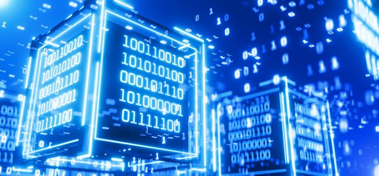 Photo cube with binary code hacker attack data block blockchain artificial intelligence big data