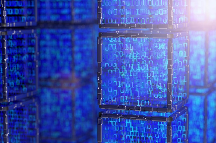 Photo cube with binary codeblockchain network data stream abstract tech background abstract space background digital technology background computer code 3d rendering