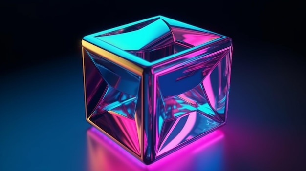 A cube with a blue and pink light behind it