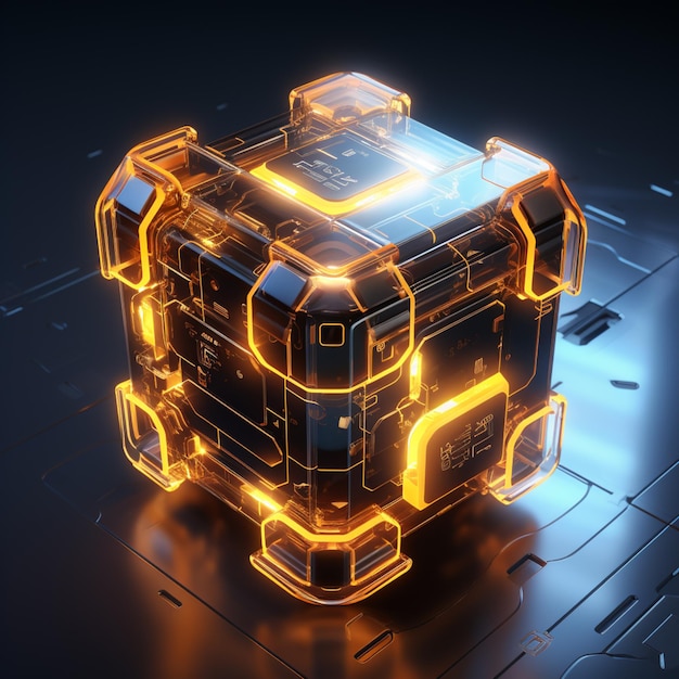 A cube with blue and purple neon lights on black background 3d visual illustration photo in the style of futuristic robots