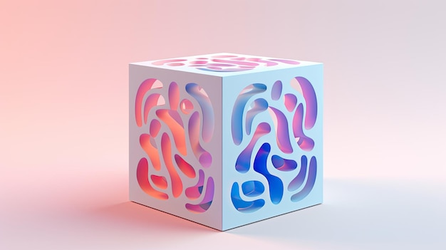 A cube with a circular pattern in shades of pink and blue