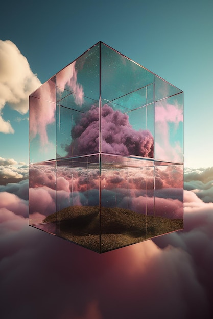 A cube with a cloud in the sky