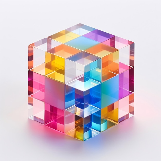 Cube with colorful blocks inside on white in the style of translucent overlapping mosaic like form