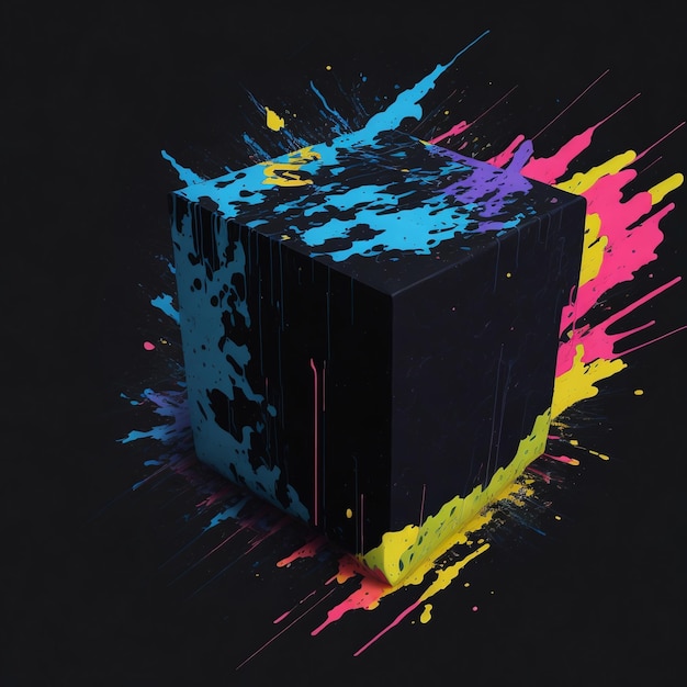 A cube with a colorful paint splatter on it