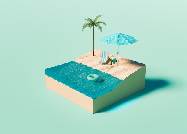 Куб с изометрическим пляжем на бирюзовом фоне
