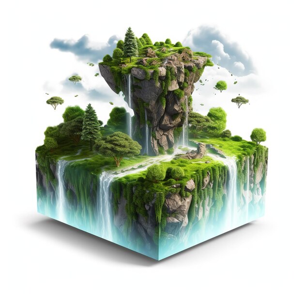 A cube with a landscape and a waterfall on it