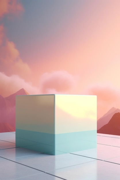 A cube with a mountain in the background