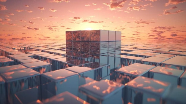 A cube with the sun setting behind it