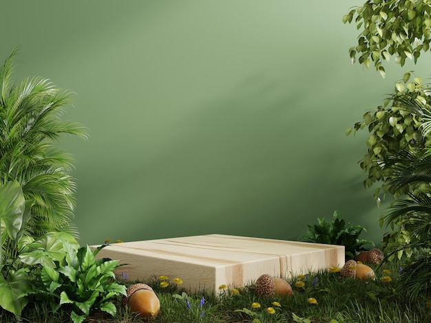 Cube wood pedestal in tropical forest for product presentation and green wall