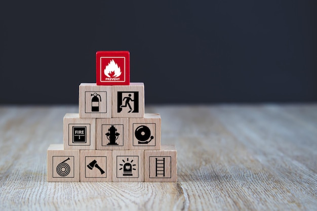 Cube wooden block stack with fire prevent icon