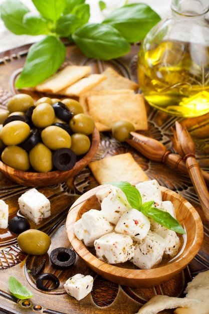 Cubed feta cheese with olives