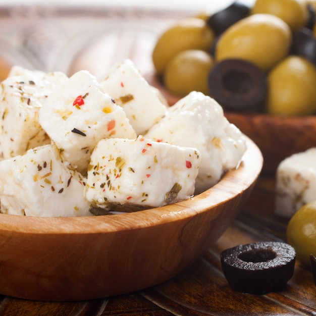 Cubed feta cheese with olives