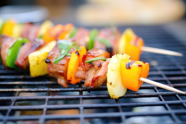 Cubed pork and pineapple on skewers over grill