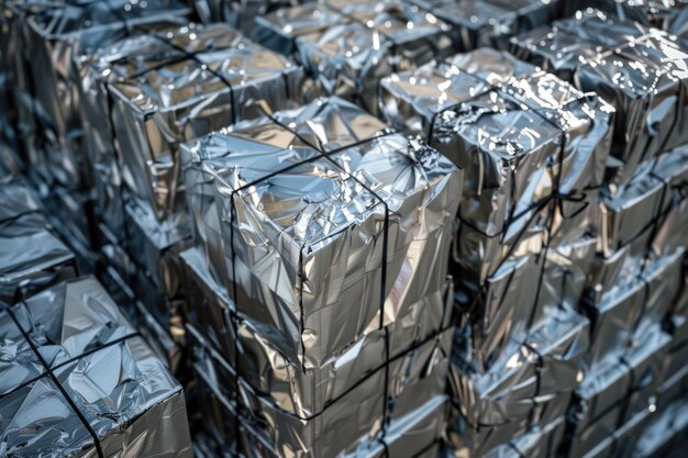 リサイクルのために送られる準備が整った保管されたアルミニウム立方体