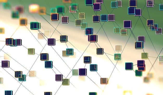 Cubes connected in dark space. Partner and networking design. Internet and data communication.