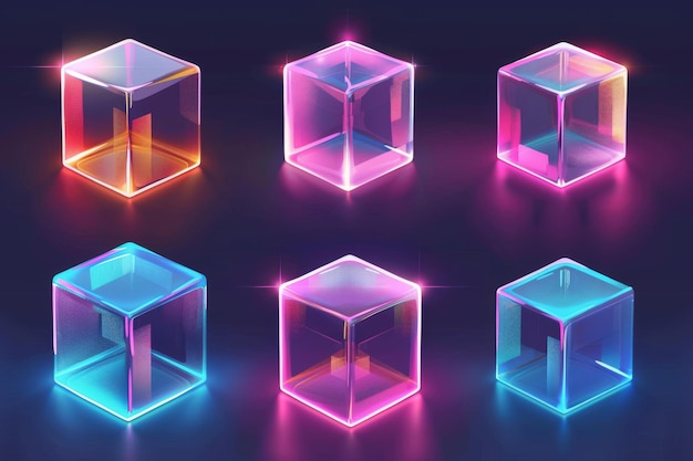 사진 다양한 각도에서 네온 불빛으로 빛나는 큐브, 은 상자, 크리스탈 블록, 수족관 포디움, 고립된 반이는 기하학적 모양, 현실적인 3d 현대 일러스트레이션