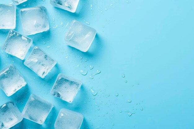 Cubes of ice and drops are isolated on the blue background with empty space