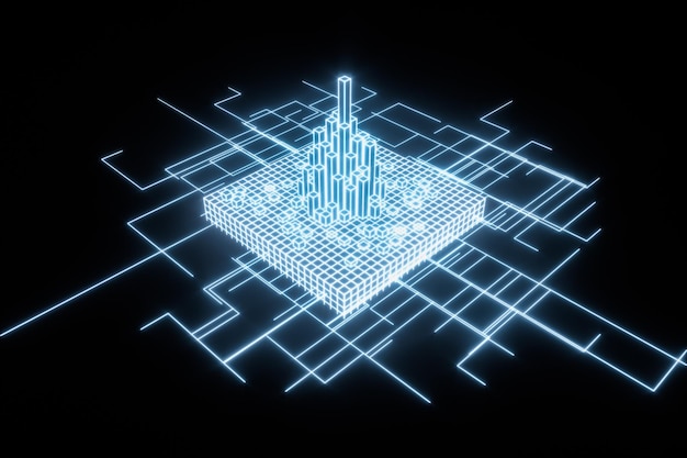 Cubes and lines with dark background 3d rendering