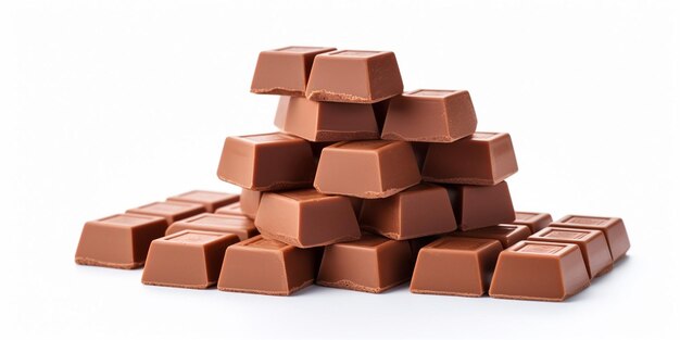 Cubes of milk chocolate bar isolated on white background Generative AI