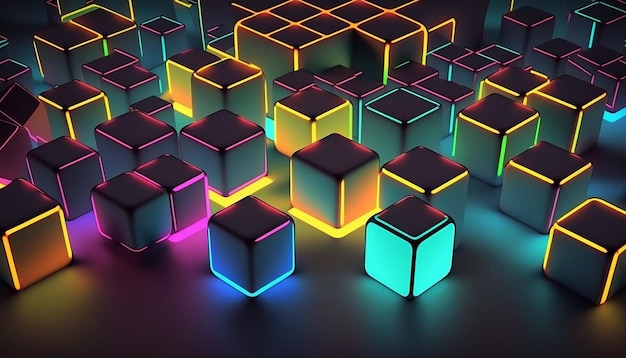 Cubes pattern neon color glowing lines background 3D render Generative AI