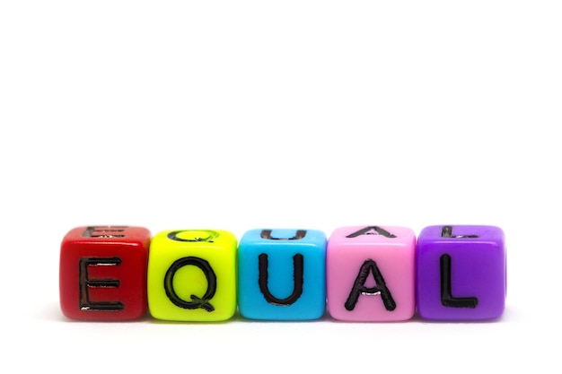 Cubes in rainbow colors with the word Equal isolated on white background, colorful colors lgbt or gender concept, macro