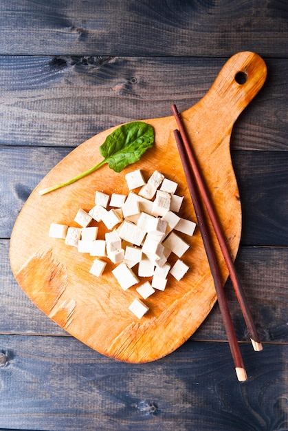 Cubes of raw tofu