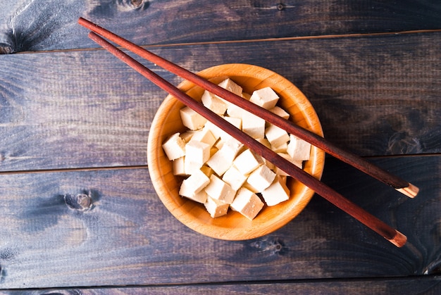 Cubes of raw tofu