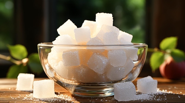 Cubes of white sugar in a glass cup