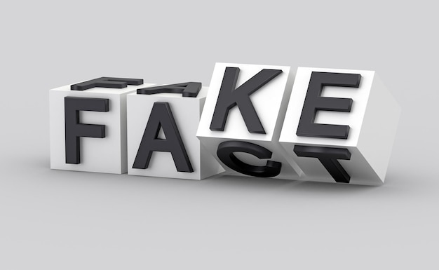 Foto i cubi con le lettere si capovolgono e le parole cambiano da fact a falso rendering 3d